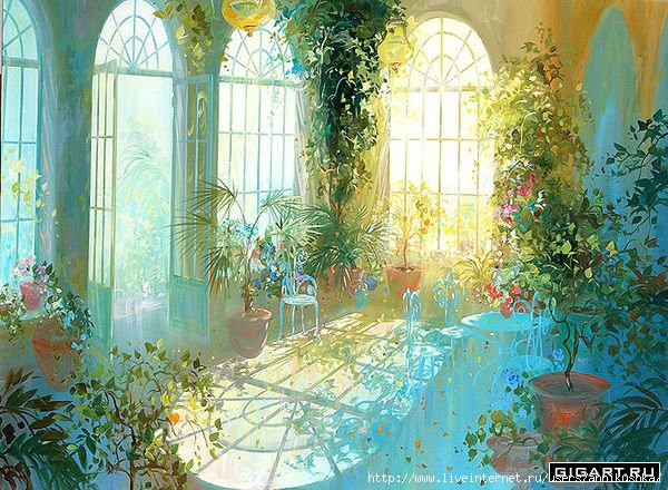 картина - дом, лоран парселье, цветы, свет, окна - оригинал