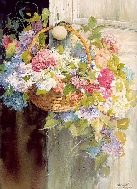 Букет в корзине - цветы, букет, картина, живопись - оригинал