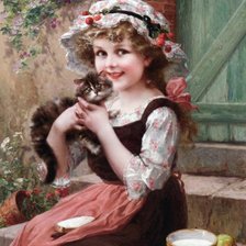 Оригинал схемы вышивки «девочка с котенком» (№1450)