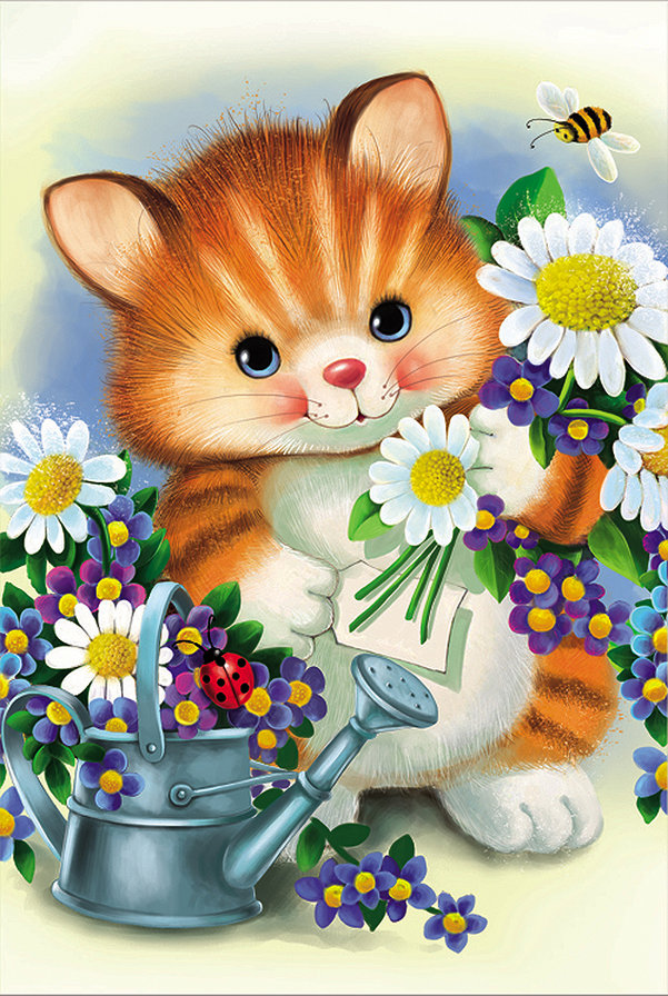 Котенок - мультяшки, цветы, животные, открытка - оригинал