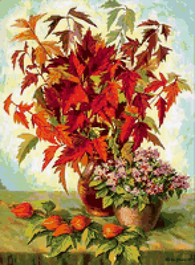 Осенний натюрморт - цветы, натюрморт, физалис, букет, фиалки, осень - предпросмотр