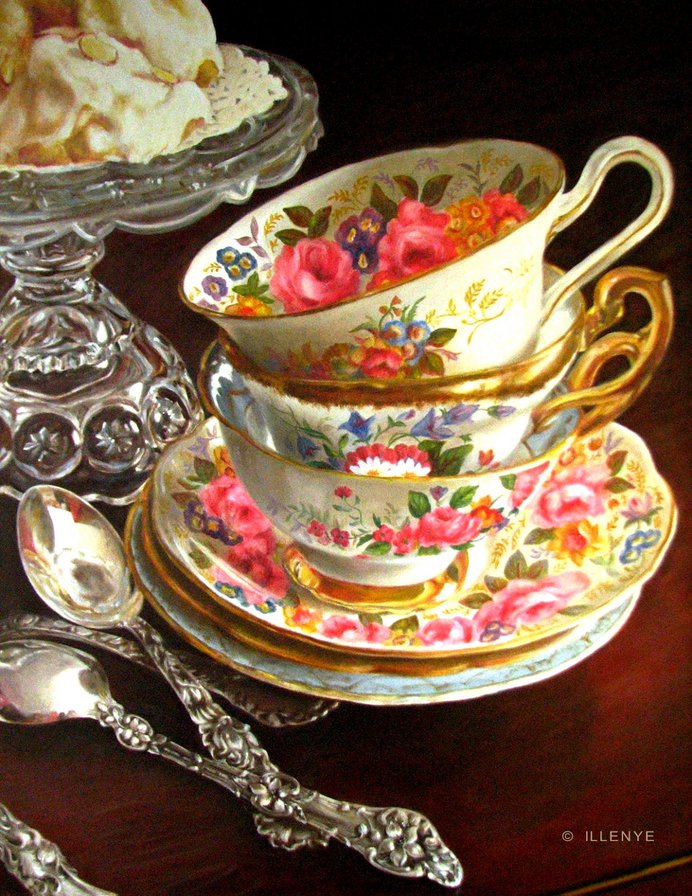 Чаепитие - посуда, чаепитие, натюрморт, фарфор, цветы, для кухни - оригинал