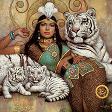 Оригинал схемы вышивки «девушка и белые тигры» (№3419)