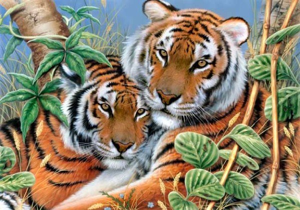 Тигры - живопись, животные, тигры, пейзаж - оригинал