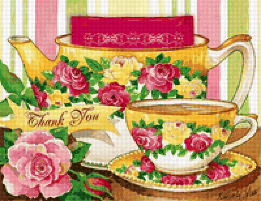 Чаепитие - розы, натюрморт, цветы, чаепитие, для кухни, чайник, фарфор - предпросмотр