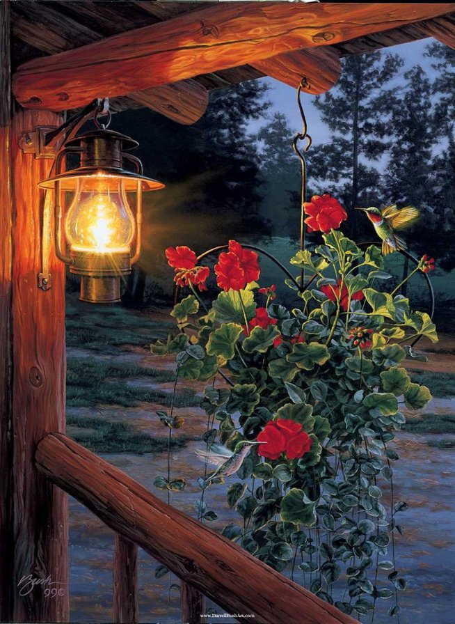 Ночная гостья - цветы, птица, фонарь - оригинал