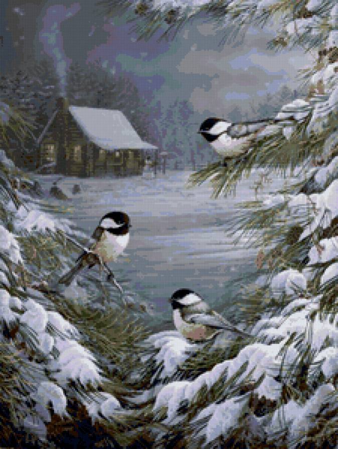 Зимняя сказка - зима, птица, домик - предпросмотр