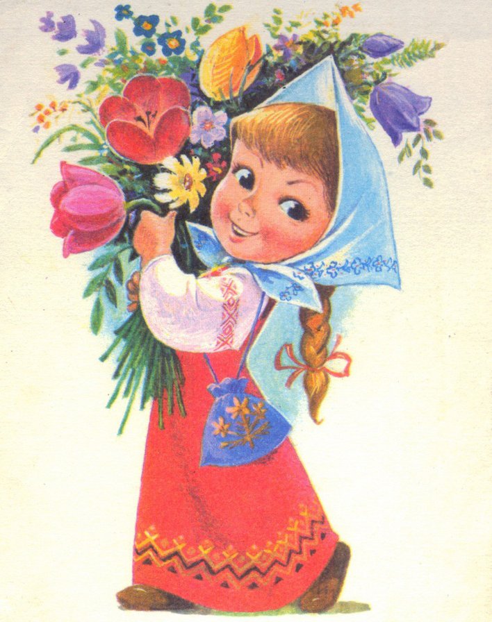 Ретро-открытки - открытка, цветы, девочка - оригинал