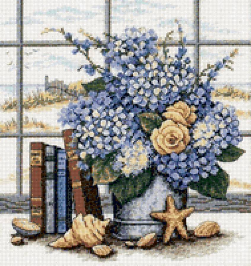 морской букет - книга, цветы, подушка, натюрморт, окно, букет - предпросмотр
