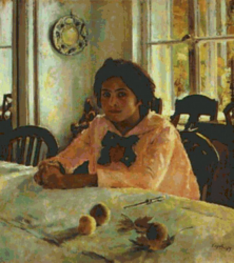 Девочка с персиками - девочка, фрукты, портрет, живопись - предпросмотр