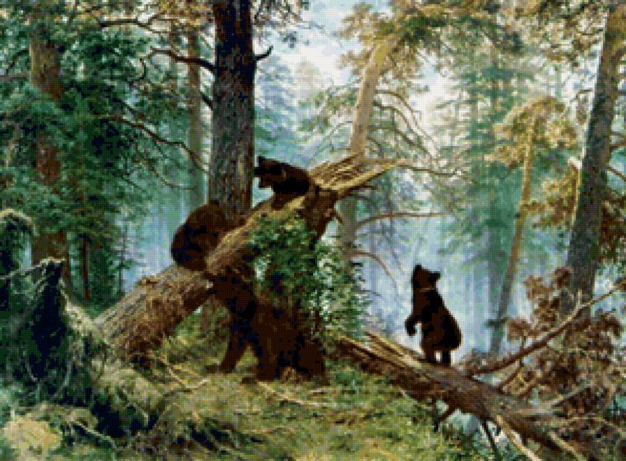Утро в сосновом бору - живопись, животные, медведи, пейзаж - предпросмотр
