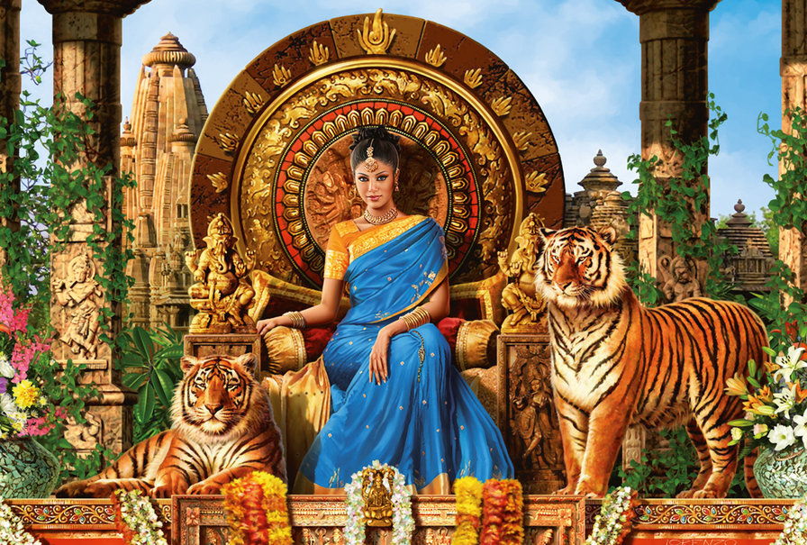 Индийская принцесса - девушка, тигр, кошки, люди, животные - оригинал