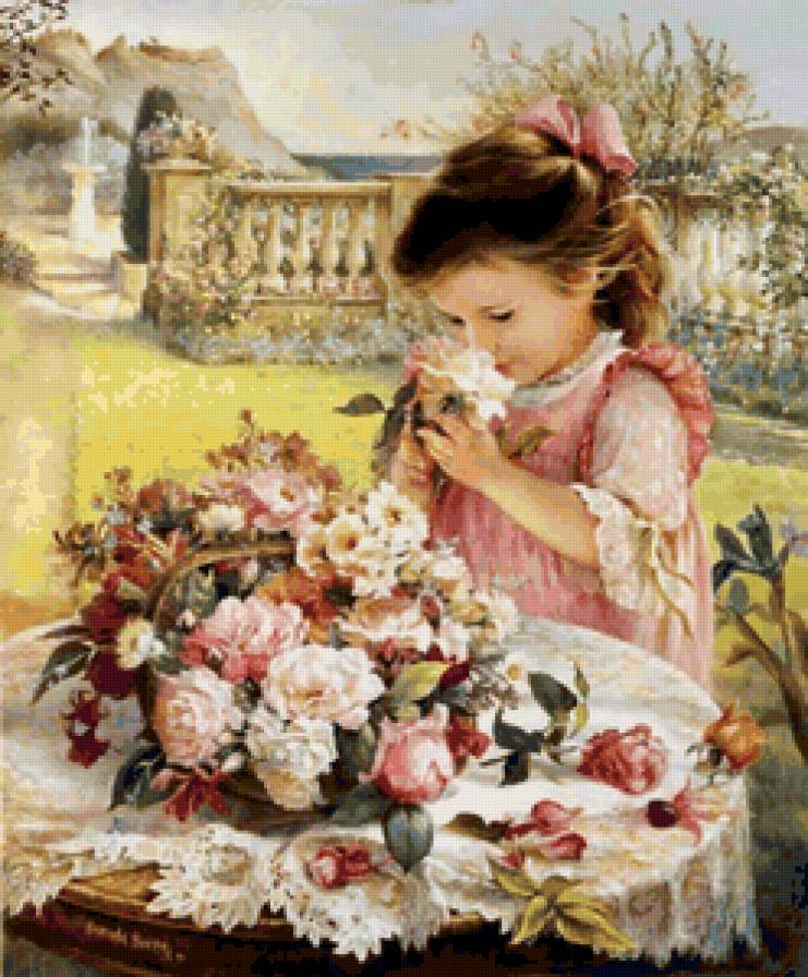 девочка с цветами - девочка, цветы, сад, дети, букет - предпросмотр