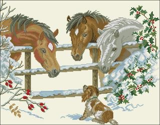 беседа - снег, щенок, лошади - оригинал