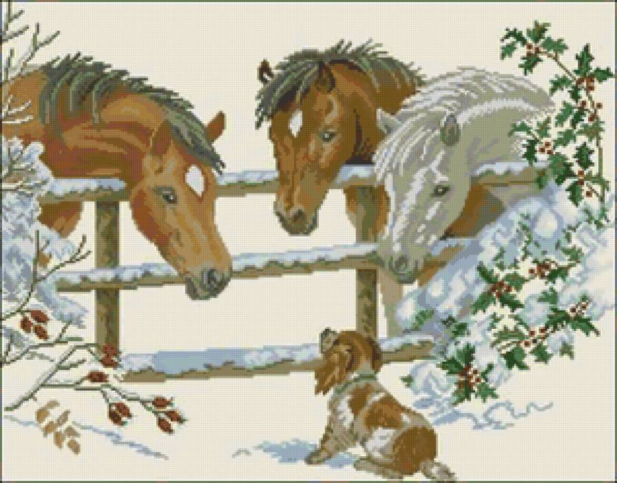 беседа - лошади, снег, щенок - предпросмотр