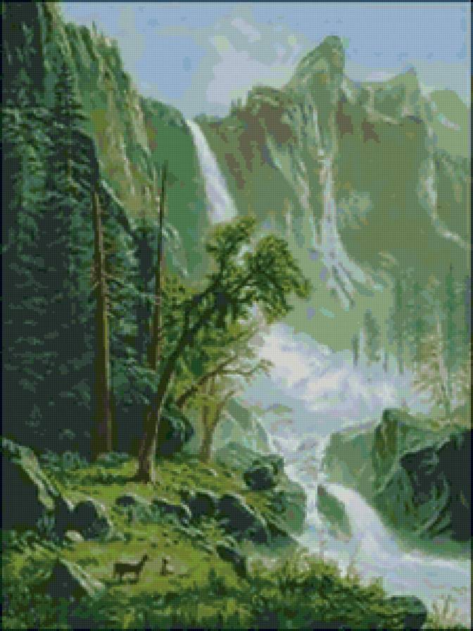 водопад - водопад, животное, горы, деревья, природа, река - предпросмотр