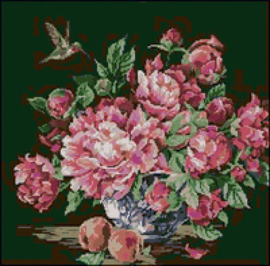 натюрморт - ваза, цветы, пионы, персики, птица, натюрморт - предпросмотр