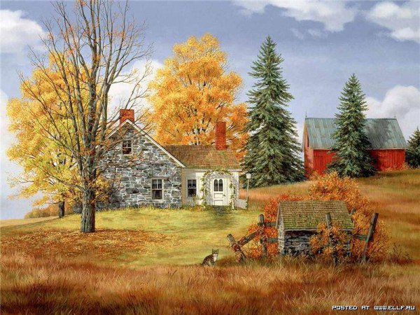 Пейзаж - пейзаж, дом, осень, живопись - оригинал
