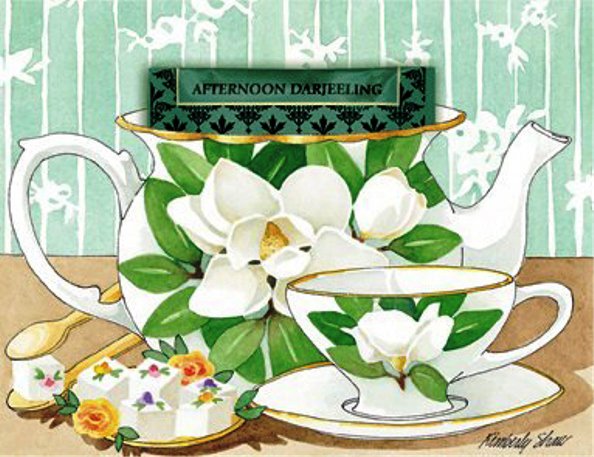 Чаепитие - чайник, натюрморт, чаепитие, магнолия, цветы, для кухни, фарфор - оригинал
