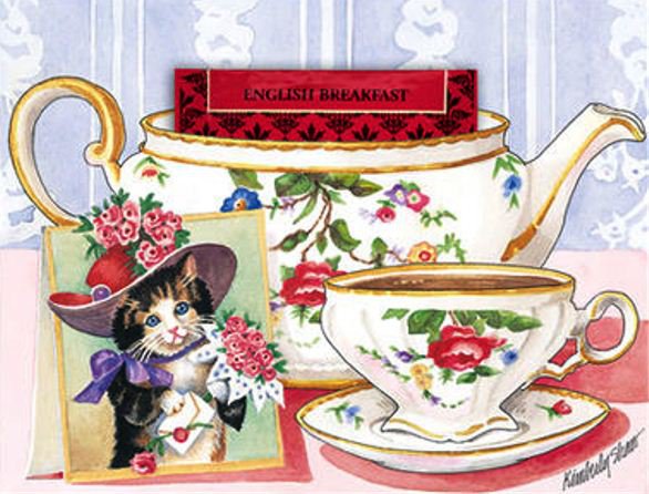 Чаепитие - фарфор, кошка, чайник, натюрморт, цветы, чаепитие, для кухни - оригинал