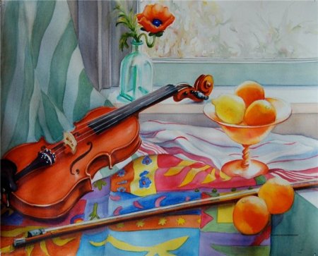 Серия "Натюрморт" - фрукты, натюрморт, скрипка, цветы - оригинал