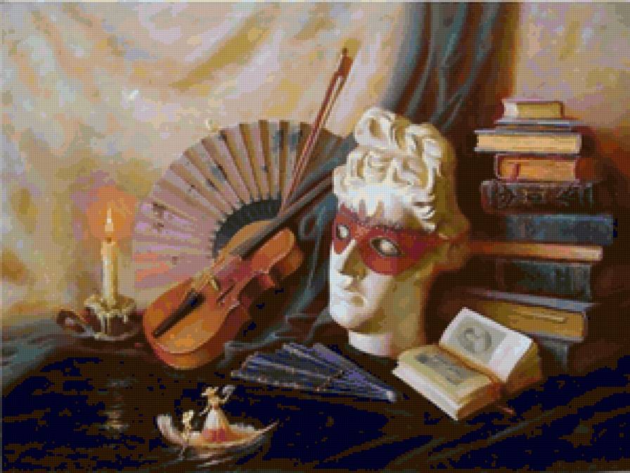 Серия "Натюрморт" - маска, свеча, скрипка, натюрморт, книги - предпросмотр