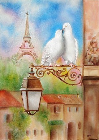 Любовь в Париже - город, любовь, голуби, фонарь, париж - оригинал