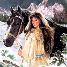 Оригинал схемы вышивки «Девушка и лошадь» (№7064)