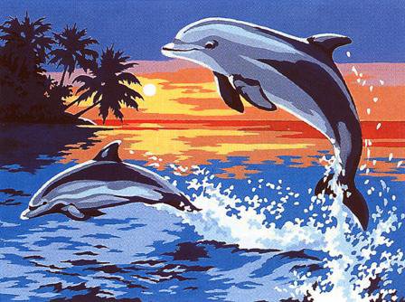 Красивые яркие дельфинчики) - закат, дельфины, море - оригинал