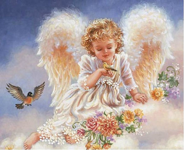 №8133 - ангел, небо, птицы, цветы, дети - оригинал