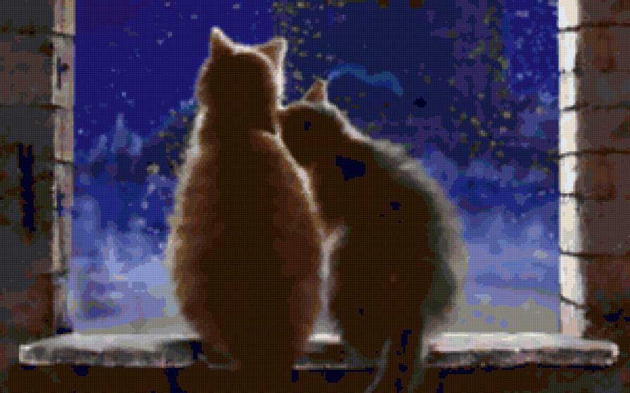 ночное рандеву - нежность, пара, ночь, кошки - предпросмотр