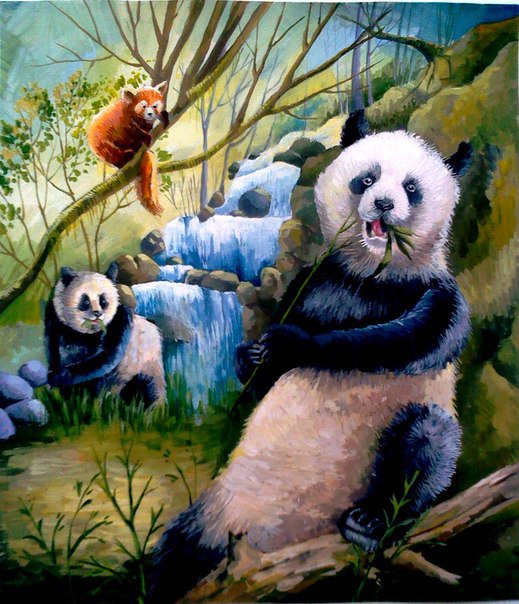 Мишки на отдыхе - пейзаж, животные, медведи, панды - оригинал