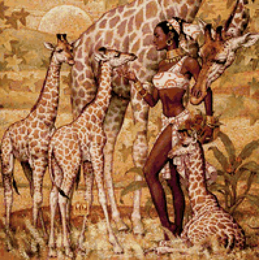 живопись - женщина, жирафы - предпросмотр