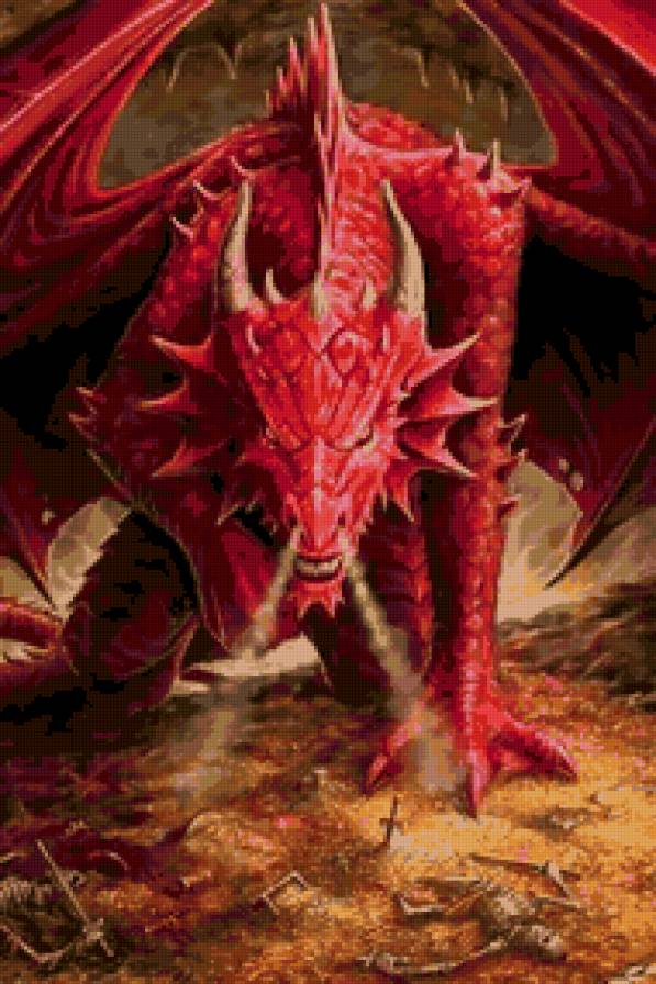Красный дракон - картина, фентези, драконы, золото - предпросмотр
