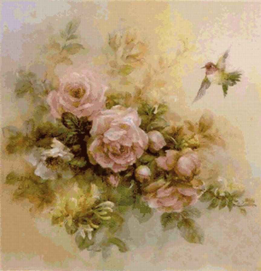 №9849 - розы, подушка, цветы, колибри - предпросмотр
