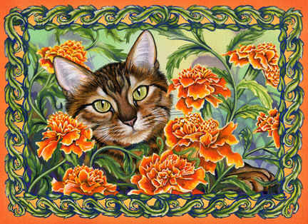 Кошки в цветах - кошка, бархатцы, кошки в цветах, цветы, бабочки, лето - оригинал