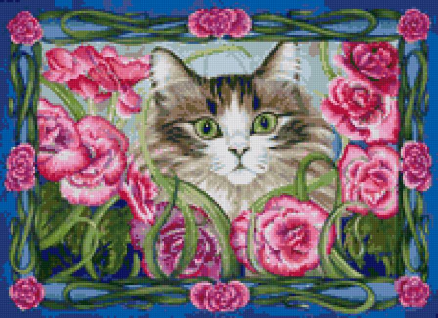 Кошки в цветах - розы, кошка, кошки в цветах, бабочки, розочки, цветы - предпросмотр