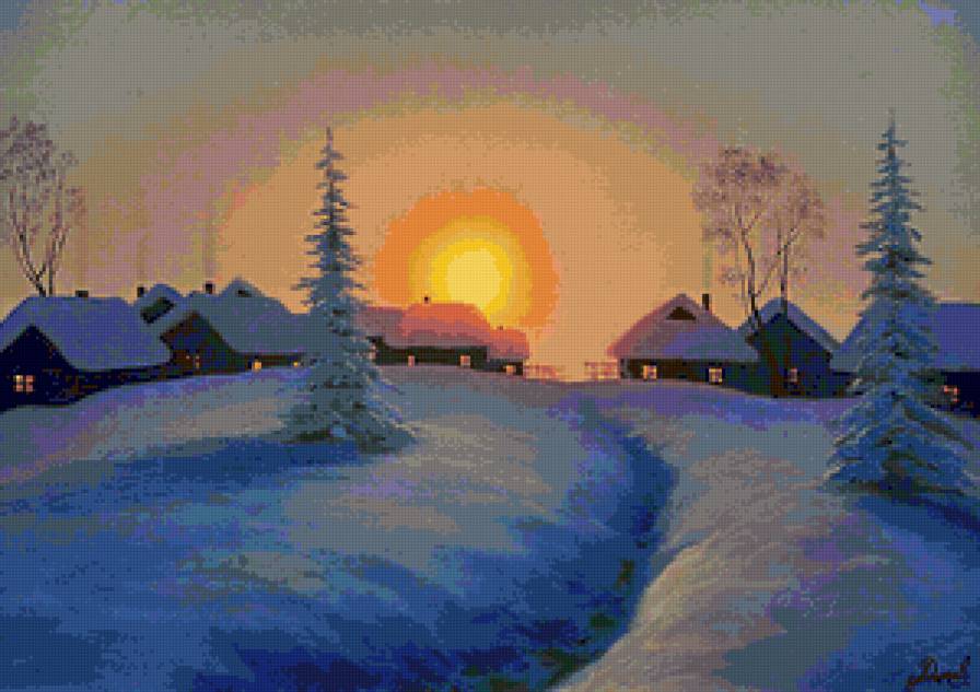 зимний пейзаж - закат, пейзаж, зима, деревня, природа - предпросмотр