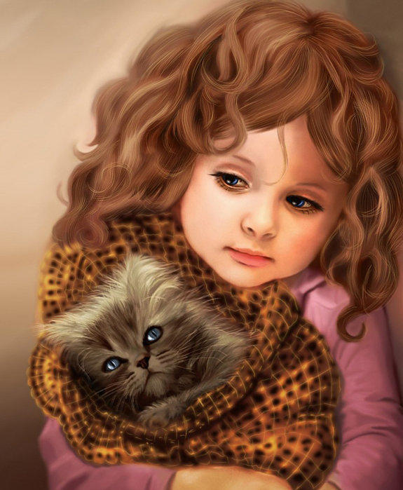 Девочка с котенком - живопись, дети, животные - оригинал