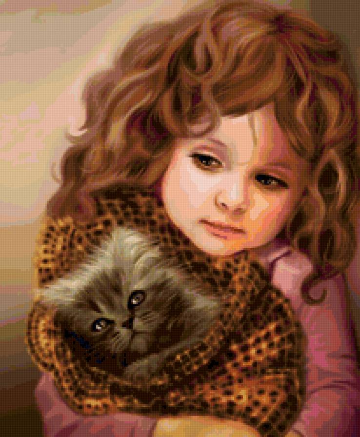 Девочка с котенком - дети, животные, живопись - предпросмотр
