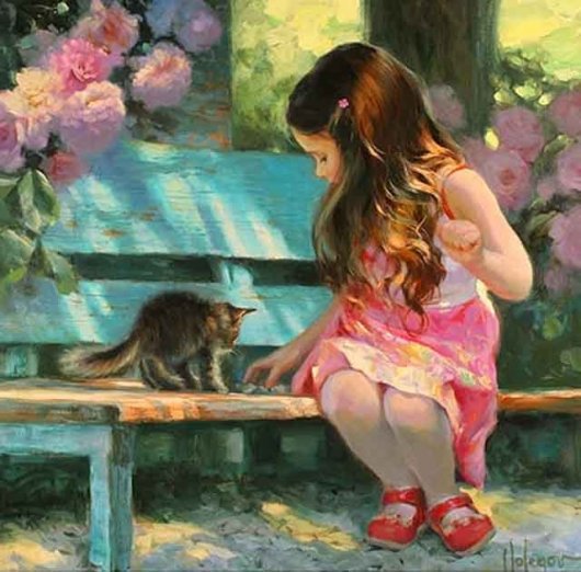 девочка с котенком - котенок, девочка, цветы, ребенок, дети, скамейка, сад - оригинал