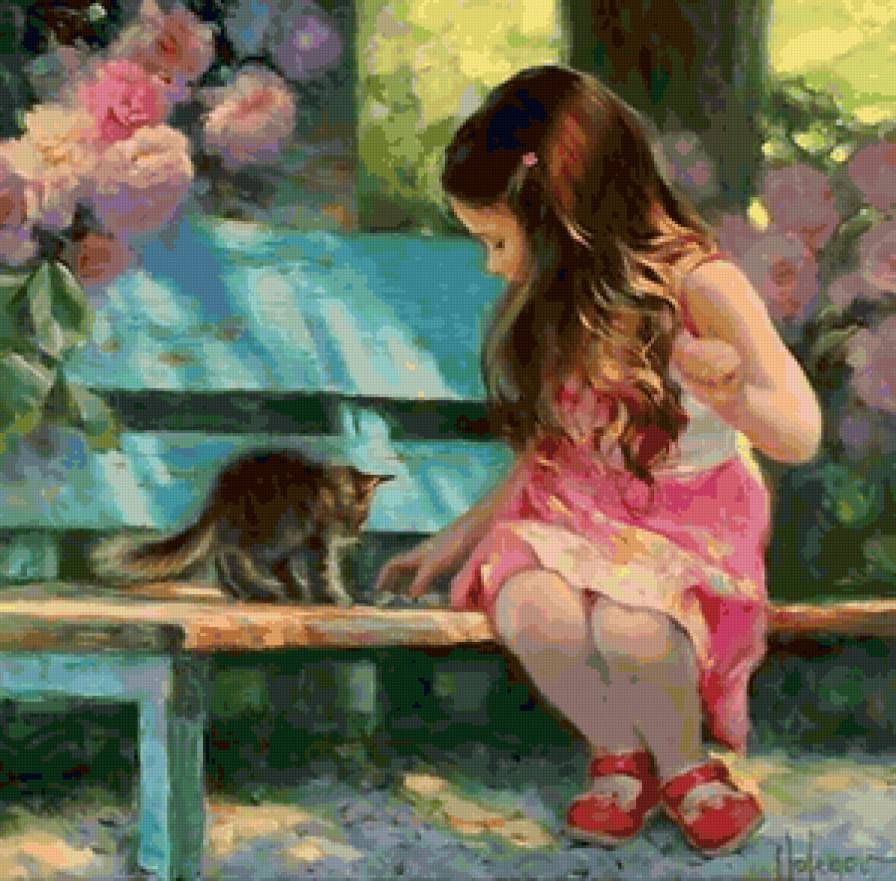 девочка с котенком - котенок, сад, дети, ребенок, цветы, девочка, скамейка - предпросмотр