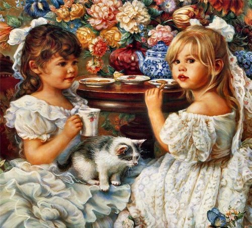 чаепитие - сад, котенок, букет, девочка, цветы, дети - оригинал