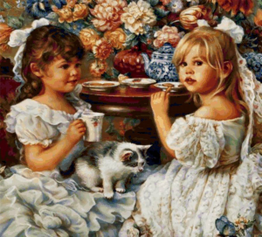 чаепитие - букет, котенок, дети, цветы, девочка, сад - предпросмотр