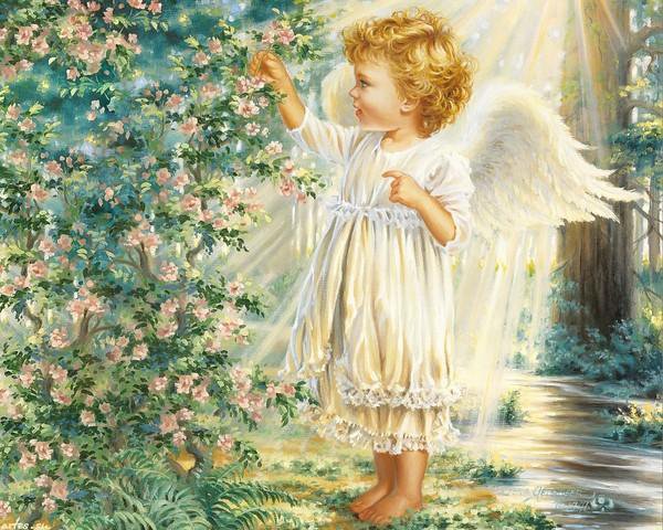 маленький ангел - сад, парк, цветы, дети, ангел - оригинал