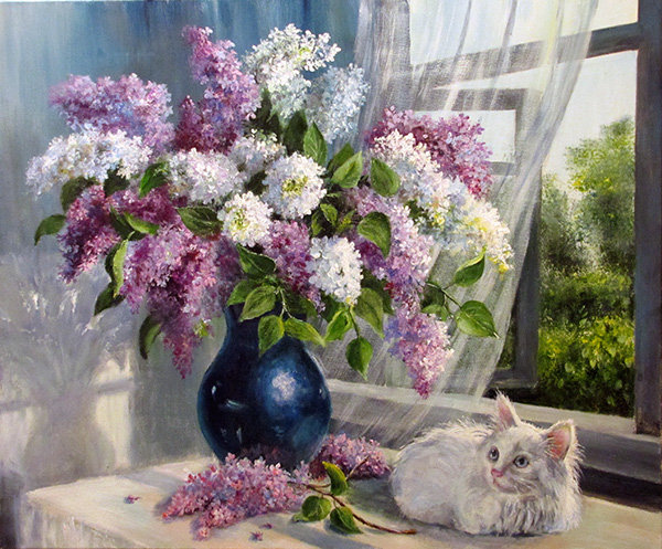 букет - котенок, цветы, сирень - оригинал