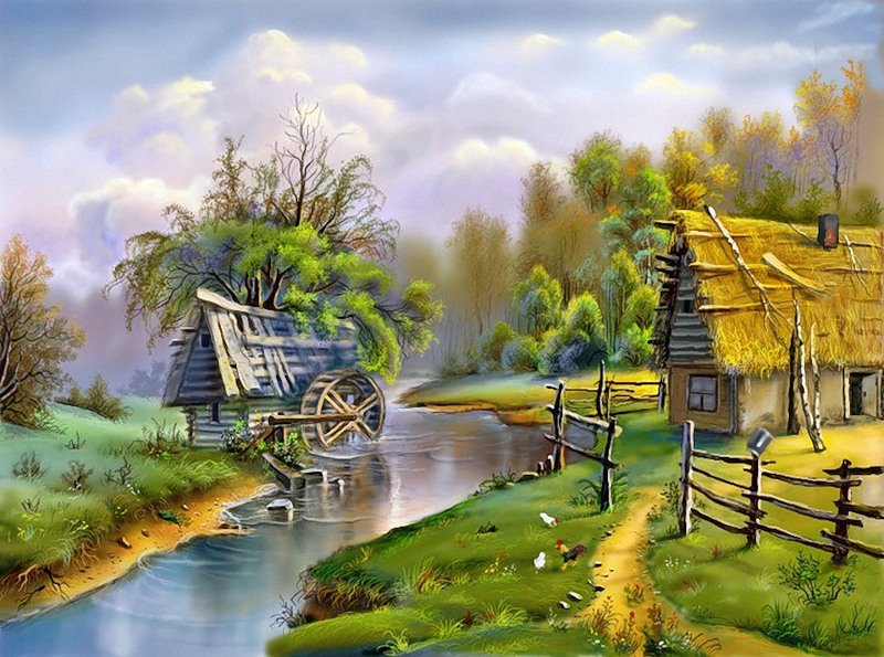 старая мельница - пейзаж, река, дом - оригинал