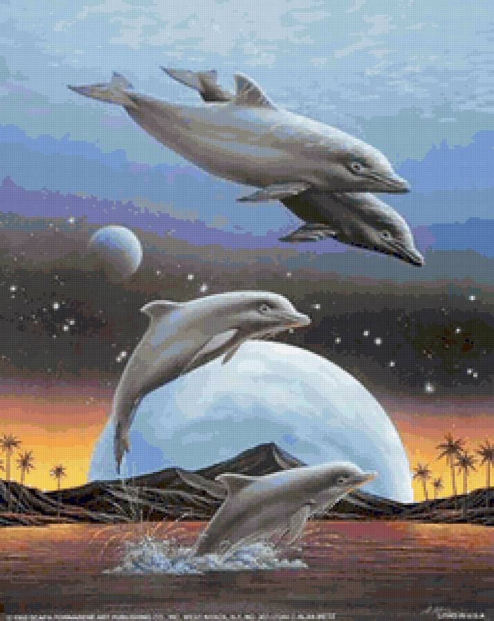 Очень необычная картина)) - дельфин, закат, картина, пальмы - предпросмотр