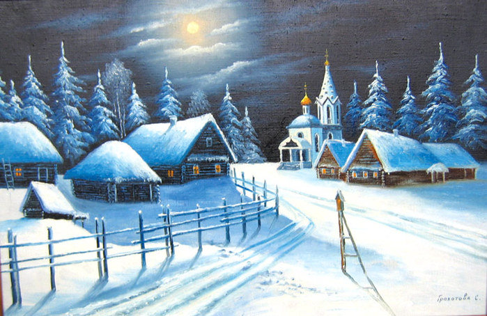 зимний пейзаж - пйзаж, ночь, деревня, природа, зима - оригинал