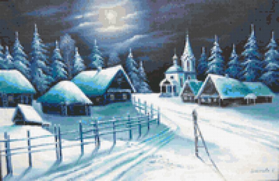 зимний пейзаж - деревня, зима, природа, ночь, пйзаж - предпросмотр
